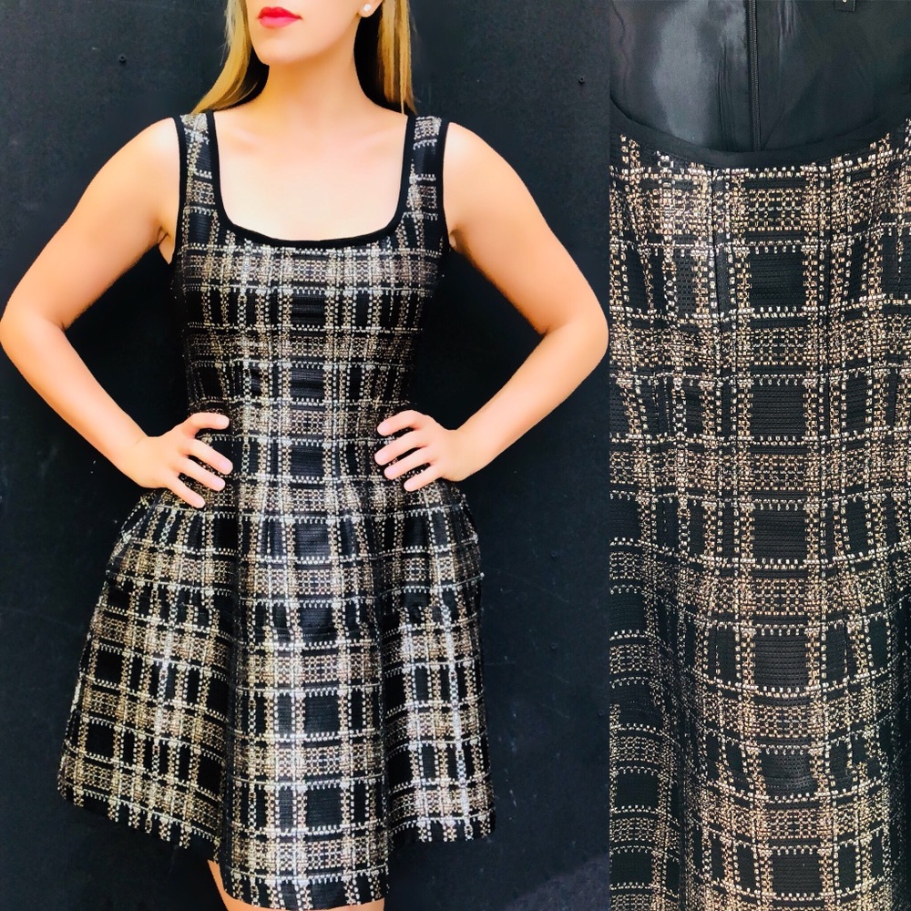 Cynthia Rowley Black Gold tweed fit flare dress. 6